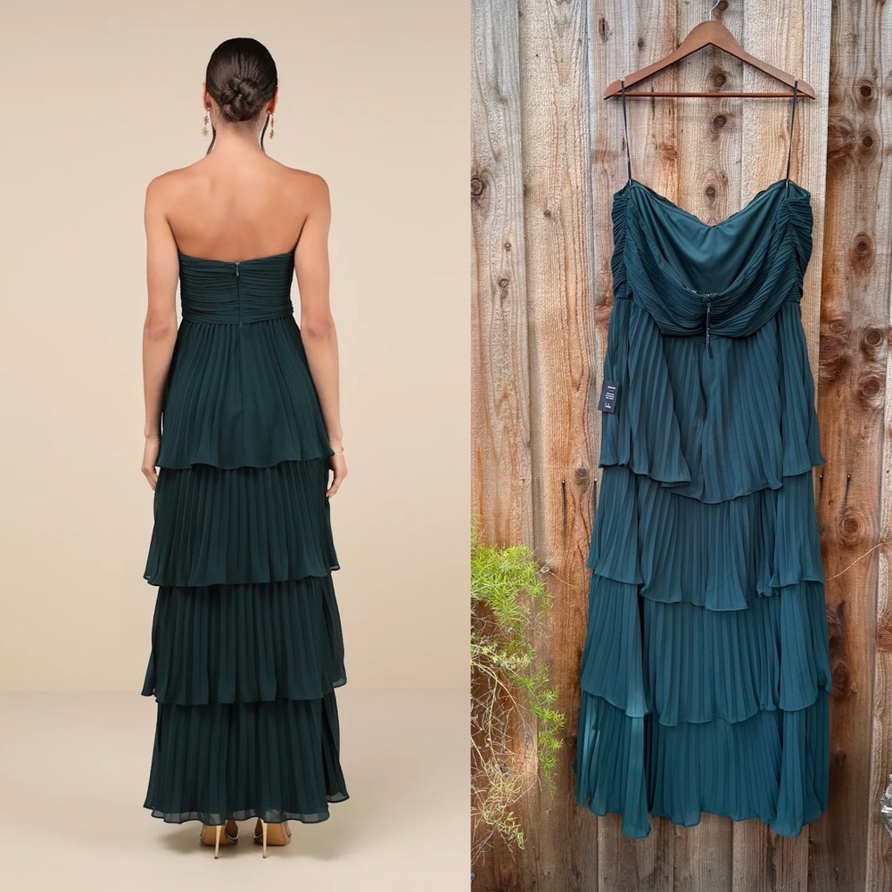 🌿 Emerald Green Sweetheart Pleated Chiffon Tiered Maxi Dress 🌿 - Picture 4 of 9